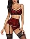 Avidlove Sexy Strapsen Damen Dessous Unterwäsche Set Babydoll Spitze BH und Slip Reizwäsche Flirty Lingerie Push up BH Panty Strumpfhalter für Frauen Weinrot M