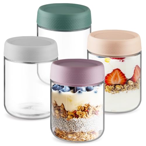 Wresty Empty Clear Glass jars with Airtight Lids Overnight Oats Containers Glass Food Storage Containers Glass Mason Jars For Yogurt Snacks Spice Sugar Jam And More (4 Pcs Mixcolor, 500ml/16.7oz)