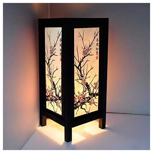 Thai Decorated Cherry Blossom White Black Pink Painting 11" Wood Bedside or Table Lamp Japanese Oriental Collectible Handmade Asian Vintage Lighting for Home Décor Shop