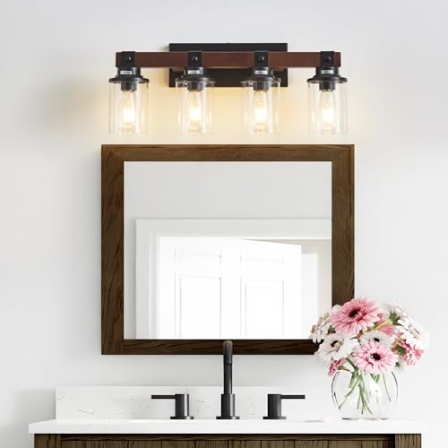 Image of 4 Lights Wood Farmhouse Vanity Lights Fxtures Rustic Bathroom Lights Over Mirror with Clear Glass Shade Black Industrial Wall Sconce for Bathroom Bedroom Hallway Kitchen