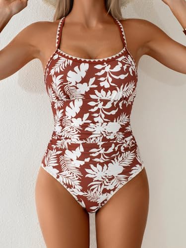 Image of Eomenie Women's One Piece Swimsuit Tummy Control Slimming Bathing Suit Ruched Swimwear Tie Back Shell Stitch Swim Suit