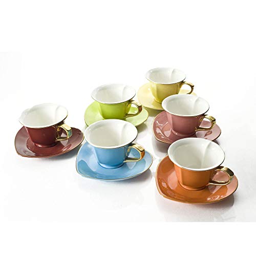 Tea and Coffee Cups with Saucers (Set of 6) by Classic Coffee & Tea|Charming, Inside Out Heart Shaped Cups Saucers|Fine Porcelain In 6 Colors with Gold Plated Ends & Handles|Great Gift Idea|6.5 oz