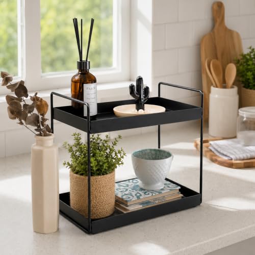 Image of Homeor 2-Tier Metal Countertop Organizer | Heavy Duty Standing Rack for Kitchen Spice Storage & Bathroom Vanity | Multi-Purpose Shelf For Kitchen, Cosmetic & Toiletry Display Shelf, Black