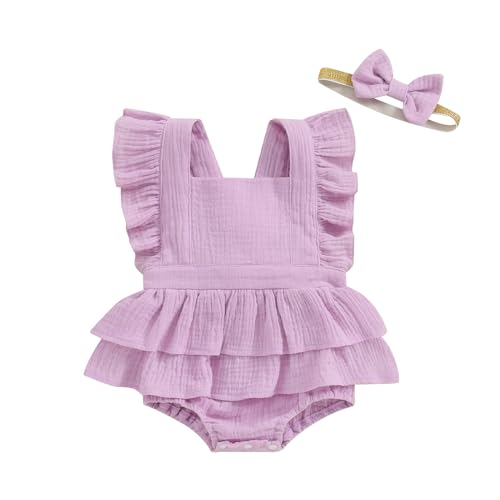 Image of MERSARIPHY Newborn Baby Girl Summer Outfit Linen Ruffle Bubble Romper Dress One Piece Bodysuit Jumpsuit Infant Summer Clothes