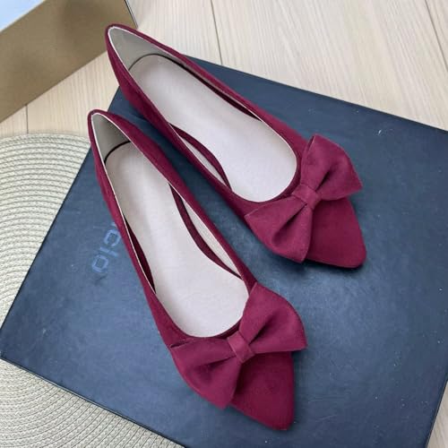 ChaiRong Zhou Women Lightweight Bow Suede Flats Pointed Toe Slip on Low Heel Ballet Casual Dress Shoes2
