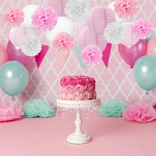 Image of 18 PCS Pink White Paper Lanterns & Tissue Paper Pom Poms for Girls Birthday, Baby Shower, Wedding, Bridal Shower, Hanging Paper Decor, Party Decoration Set for Indoor Outdoor Events Party Supplies
