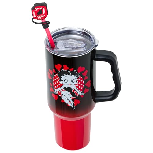 Image of Silver Buffalo Betty Boop Core Cute Sitting Pose Hearts and Dots Stainless Steel Tumbler with Straw Cover Cap, Lid, Straw and Handle - 40 oz