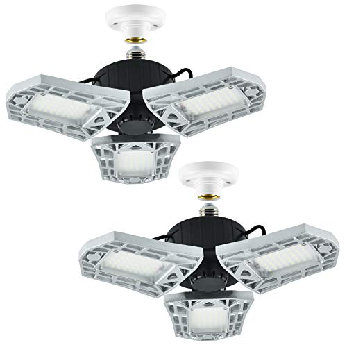 2 Pack LED Garage Lights, 80W Deformable Garage Ceiling Lights, Ultra Bright 8000LM E26 Basement Lights with 3 Adjustable Panels, 6500K Garage Light for Garage Warehouse Workshop Yard