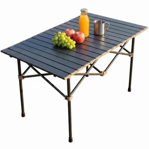 PQETBV Table de Camping Pliante avec Dessus Enroulable, Réglable en Hauteur 95x55X (50-80) cm, Table Pliante de Pique-Nique avec Sac de Transport pour Camping Pique-Nique Barbecue Jardin