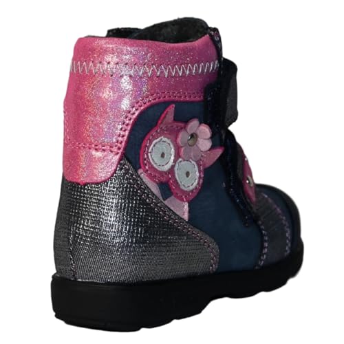 Kids Girls’ Genuine Leather Orthopedic Boots – Arch Support Shoes for Flat Feet & Overpronation, with Ankle Support, Adjustable Straps, Navy Blue/Pink/Gray Glitter Owl Design3