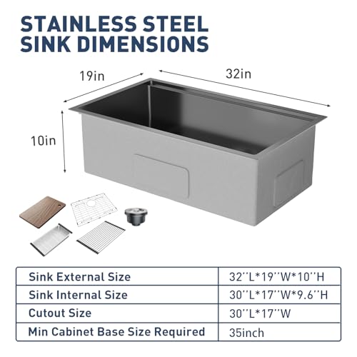 GarveeHome Undermount Kitchen Sink, 32x19 Inch Stainless Steel Kitchen- Single Bowl Sinks, Modern Top Mount 16 Gauge Workstation Sink-with Cutting Board for Bar, Black (Not Included Faucet)