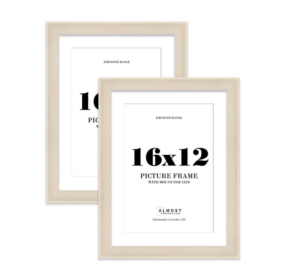 16x12" Cream Picture Frame with 13x9" Mount - Shabby Chic Photo Frame with Distressed Finish, Wall Hooks, 32mm Edge - 2 Pack