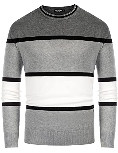 PaulJones Jersey de punto para hombre con cuello redondo y diseño de rayas, gris, M Cover