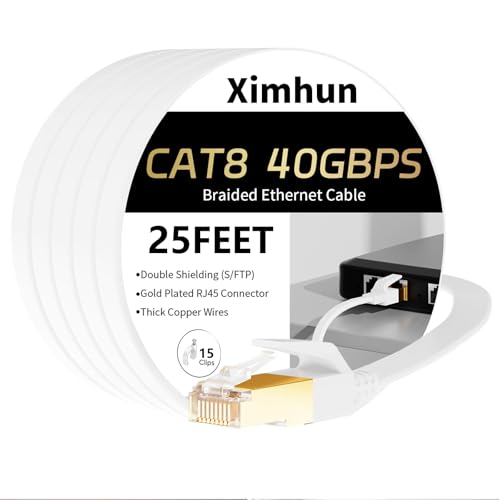 Ethernet Cable 25 FT, Cat 8 Ethernet Cable, High-Speed Internet Cable Network Cord with RJ45 Connector 40Gbps 2000Mhz Heavy Duty LAN Cable Shielded Indoor for Router/Gaming/Modem