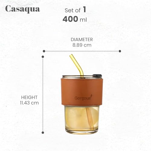 Image of Glass Tumbler with Lid & Glass Straw - 400ml, Set of 1, Borosilicate Glass Cup with PU Leather Sleeve, Leak-Resistant Lid, Reusable Iced Coffee Cup for Coffee, Tea, Smoothies & Cold Drinks