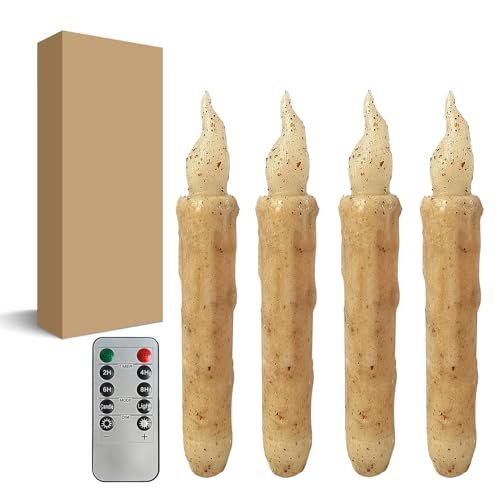Image of Retro Khaki Flameless Short Taper Candles, Real Wax Hand Dipped LED Battery Operated with Remote, Flickering Flame Lights for Festival Home Decor, 6.7 Inch Primitive Flameless Candles, 4PCS