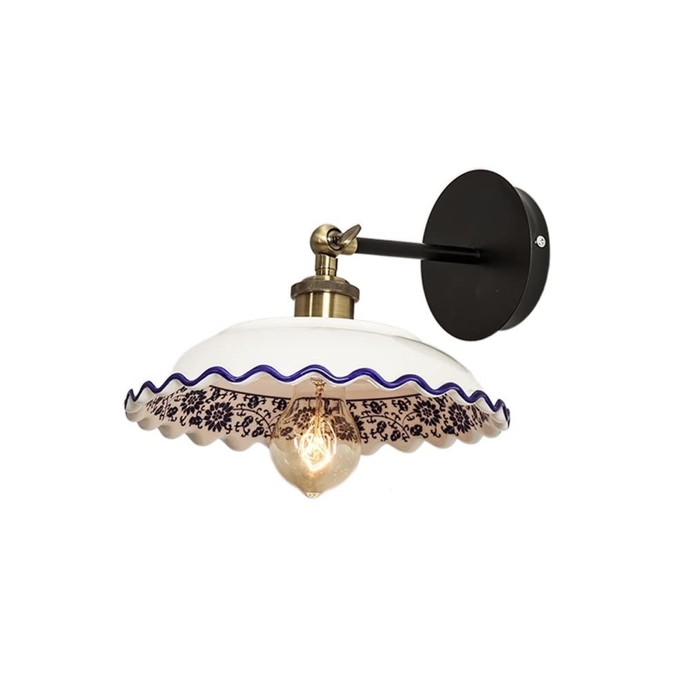 OZBMA Wall Mounted Light Retro Bedside Ceramic Lamp Rustic Blue And White Porcelain Sconce Corridor Stairs Lights Personality Restaurant Cafe Bar Wrought Iron Fixture Reading (White)