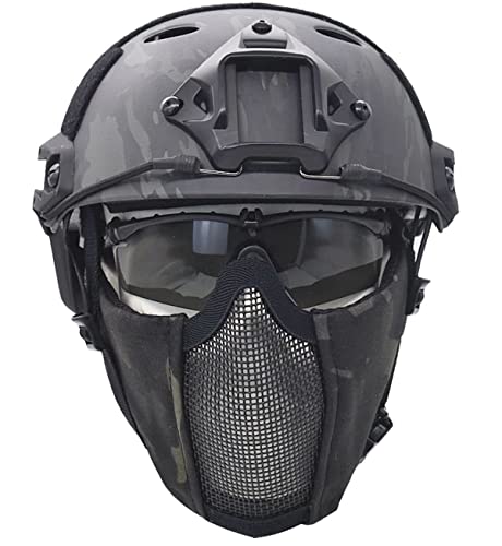 Jadedragon PJ Tactical Fast Helmet & Protect Ear Foldable Double Straps Half Face Mesh Mask & Goggle (at)