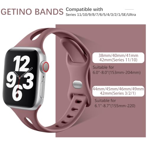 Image of Getino Compatible with Apple Watch Bands 40mm 38mm 41mm 42mm iWatch Series 11 10 9 8 7 6 5 4 3 2 1 SE Women, Durable Soft Silicone Thin Slim Sport iWatch Strap, Black /Smoke Violet /Starlight /Milk Tea