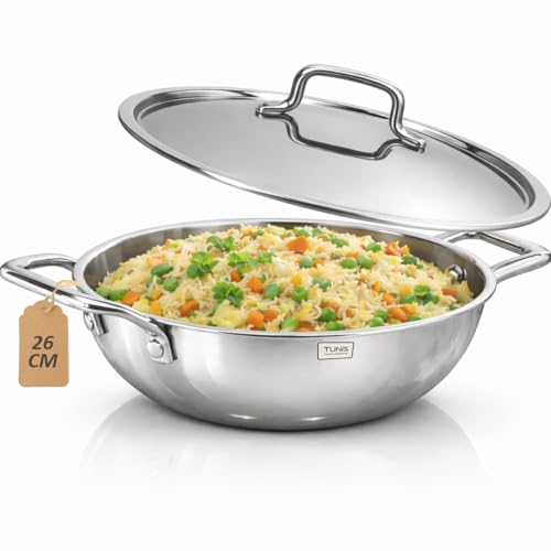 Image of TUNIS 26 Cm Triply Stainless Steel Kadai with Lid | Dual Handles Deep Kadhai Wok for Frying, Cooking, Sabzi, Curries & Indian Kitchen