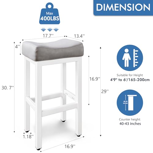 Image of 29 Inch Bar Height Bar Stools Set of 2, 29 inch Barstools for Kitchen Island Counter, Backless Bonded Leather Bar Height Stools with Thick Saddle Seats & Heavy Duty Metal Base, Easy Assembly, Gray /White