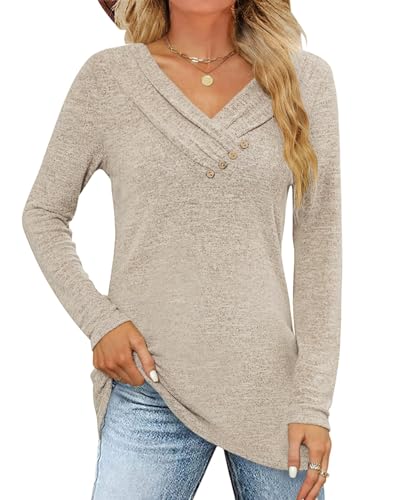 Fisoew Camiseta de Manga Larga para Mujer, Suéter con Cuello en V, Botón, Suéter Suelto, Parte Superior de Otoño., caqui, S