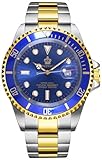 Reginald Mens Luminous Watch Rotatable Bezel Sapphire Glass Blue Dial Gold Stainless Steel Quartz Watches