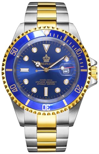 PASOY Mens Luxury Watches Rotatable Bezel Sapphire Glass Luminous Hand Quartz Silver Tone Stainless Steel Watch Blue Dial