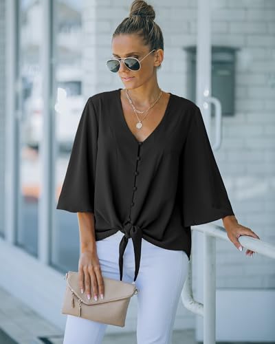 luvamia Women's Casual V Neck Tops 3/4 Sleeve Tie Knot Blouses Solid Button Down Shirts3