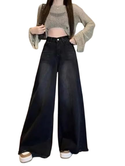 Image of Women's High Waist Baggy Wide Leg Jeans for Women - Loose Fit Washed Black Denim Pants with Straight Palazzo Style, Relaxed Streetwear Korean Trousers
