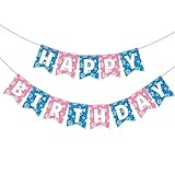 VitalCozy Blue Pink Hibiscus Cartoon Birthday Decorations Pre-strung Happy Birthday Banner for Blue Pink Alien Cartoon Hawaii Party Supplies