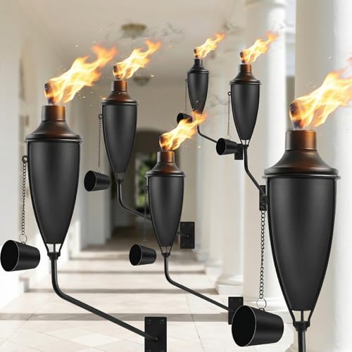 ZSPENG 6 Pack Wall Mounted Citronella Torches,22 Oz Garden Torches for Outside, Easy to Set Up and Refill Metal Torch, Flame Light Torch for Indoor or Outdoor Decor.