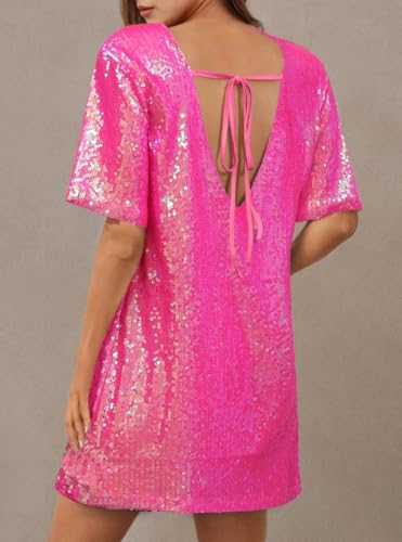 ENOPINK Women's Crew Neck Sequin Dress for Women Sexy V Neck Shirt Dresses Sparkly Shift Mini Dress2