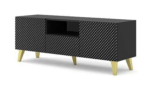 Homlando TV Schrank Ravenna C 150 cm 2D1S auf Beinen - Moderner TV-Stand – TV Board – Sideboard für das Schlafzimmer oder Wohnzimmer - Glanz (Schwarz Glanz auf goldenen Beinen)