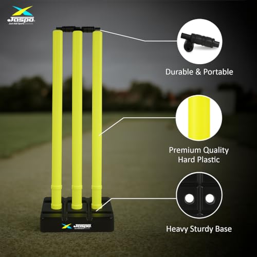 Image of Jaspo Cricket Wicket Set - 30 Inch Neon Colour Plastic Stumps with Stand & Bails | Durable Cricket Wickets for Ground, Match, Tournament, Practice | Standard Size Cricket Kit for All Ages