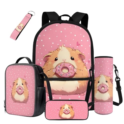 Dount Hamster Backpack for School Girls 6-8 8-10 Kawaii Girls Bookbag with Lunch Box Keychain 5 in 1 Set Kindergarten Elementary School Bag Set Lightweight 1st Grade Kids Book Bags