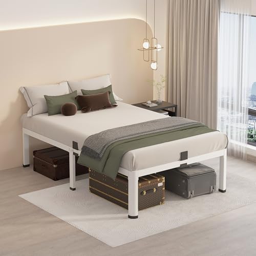 MAF 18 Inch Twin XL Bed Frames White with Round Corner Legs Mattress Slide Stopper No Box Spring Needed Heavy Duty Metal Platform Bed Frame Under-Bed Storage Space, 3000 LBS Steel Slats Support