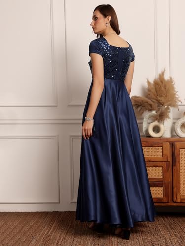 Image of Miss Chase Women's Round Neck Sleeve Embellished Fit Flare Maxi Dress