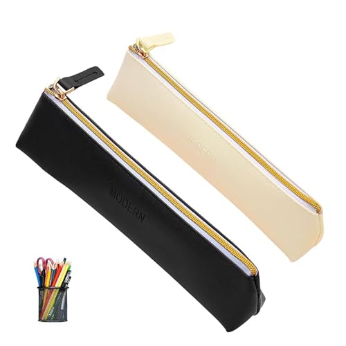 IUHRIE 2 Stück schwarz und beige Leder federmäppchen kleines,mäppchen klein,kleine federtasche,Reißverschluss Schreibwaren-Tasche,Tragbares Federmäppchen für Stifte Bleistifte Marker stifttasche