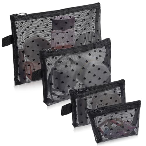 4 PCS Mesh Makeup Bag Set, Heart Printed Mesh Pouches for Purse Portable Travel Cosmetic Bags Small Toiletry Bag with Zipper Black Makeup Pouches for Home Offices Travel Accessories