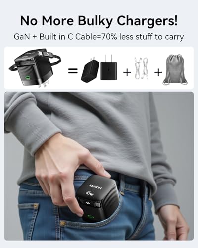 Image of USB-C Charger Block, 45W GaN 2 Port Fast Charging w /Built-in Retractable C Cable & Foldable Plug, PD /PPS for iPhone 16Pro Max /16 /Pixel 9 pro /Galaxy /iPad /MacBook (Black)