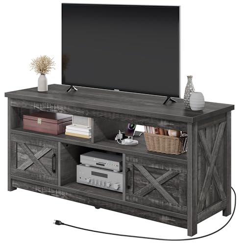 DWVO Farmhouse TV Stand for Television up to 65 Inch, Entertainment Center with Power Outlets and Open Shelf, Rustic TV Cabinet Media Console Table for Living Room, Dark Grey, 59 Inches