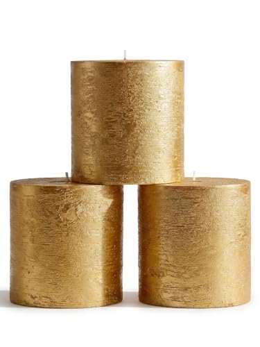 CANDWAX 3x3 Inch Gold Pillar Candles Set of 3 - Unscented No Drip Glitter Gold Candles for Weddings, Centerpieces, Home Décor, Christmas Decorations