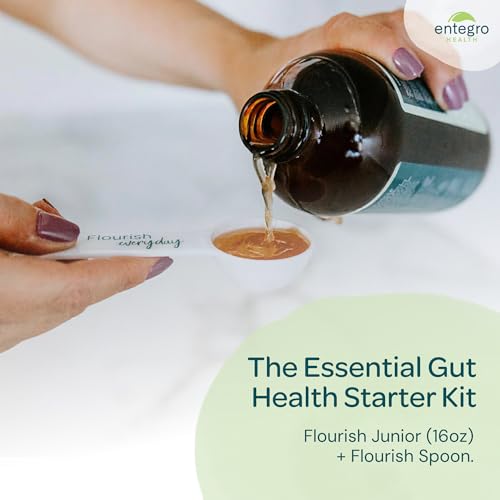 Image of ENTEGRO Flourish Junior Liquid Probiotic & Postbiotic Supplement with Spoon - Plastic | 11 Live Cultures | Gut & Digestive Health for Women, Men & Kids | Vegan & Gluten Free | USA Made | 16 fl oz