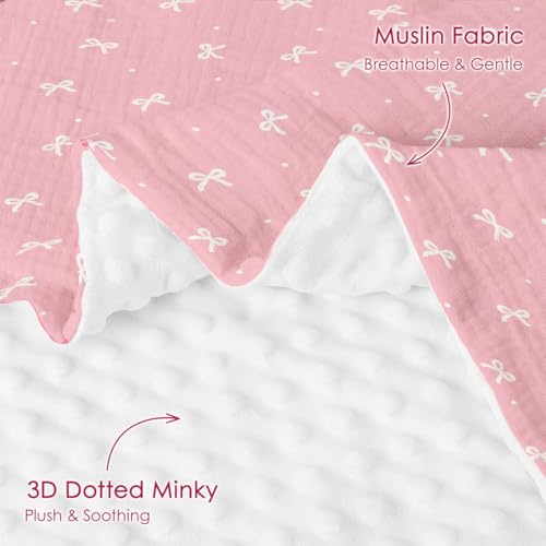 Image of SANDJEST Bow Minky Muslin & Dotted Blanket 30x40 in Gift for Holiday, Gender Reveal Party, Hospital Visit, Baptism (Pink)