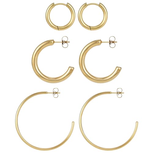 BONNYBIRD® Creolen Gold Set Edelstahl Groß Damen Goldene Ohrringe Breit Dünn Klein Ohrstecker Frauen Wasserfest Schmuck Vergoldet Hypoallergen Medizinischer Chirurgenstahl Nickelfrei Goldschmuck