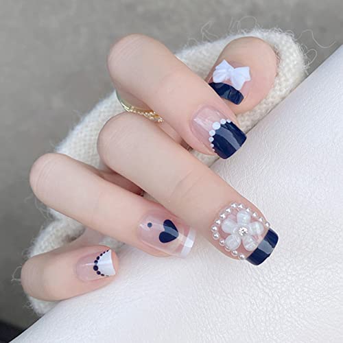 Press on Nails Short Fake Nails French Static Nails Press on Nails Small White Flowers Stick on Nails Acrylic Full Cover False Nails Tips for Women and Grils 24 pcs (French small white flowers)