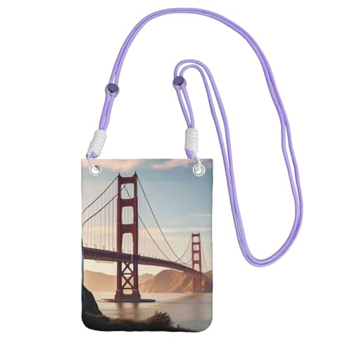 Pochette téléphone pour femme violette avec bandoulière noire motif Golden Gate