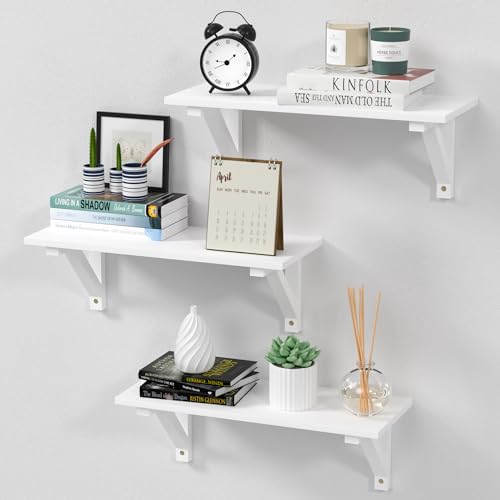 Ruichang Estanteria Pared de 3 Niveles, Estantes de Pared de Madera Natural, Baldas Pared Ideal para Salon, Dormitorio, Baño, Estudio, Cocina, Oficina, Pasillo, Blanco