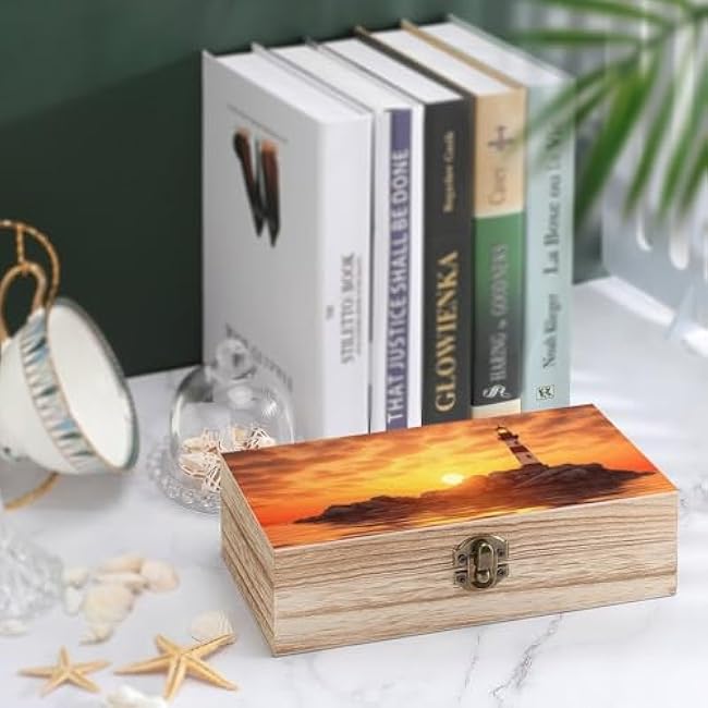 Sea Lighthouse in Sunset Print Wooden Storage Box With Hinged Lid Keepsakes Box Gift Jewelry Box For Storage Crafts Small Jewelry Photos